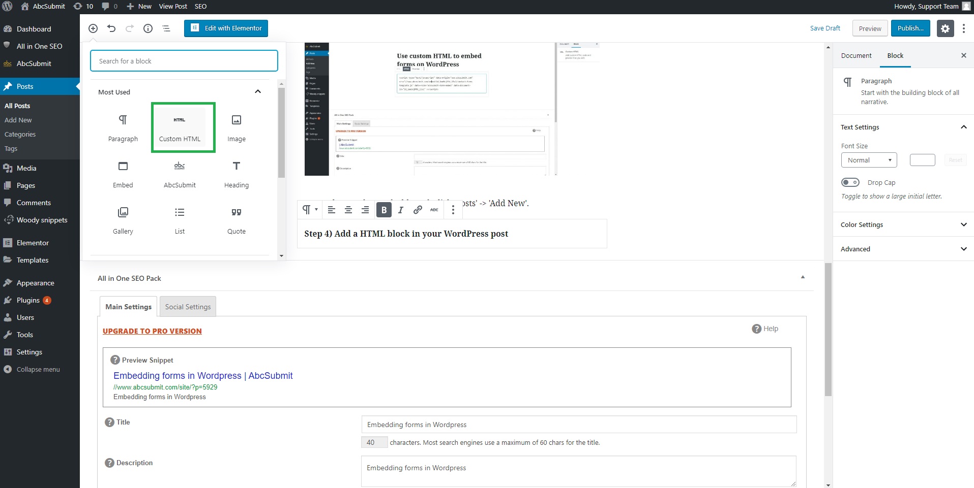 Add an HTML block in your WordPress post